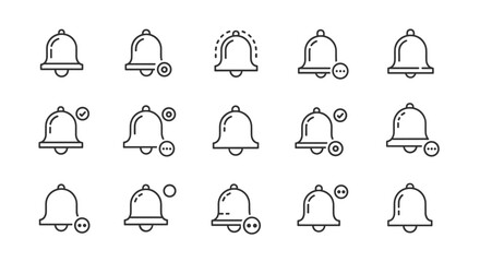 Set of notification bell icons in a clean, ordered line art style, representing reminders and alerts, presented on a white background for versatile application in digital interfaces and design