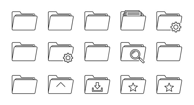 Minimalistic outline style icons for computer folders, design elements, cards, apps, and social networks, presented as a vector cartoon illustration on a clean white background, perfect for digital