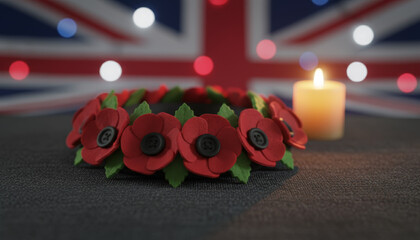 Poppy Wreath and Candle in Remembrance of UK Veterans and War Heroes