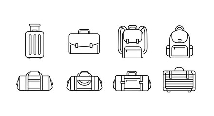 Collection of minimalistic linear icons representing various types of luggage and bags, including a rolling suitcase, briefcase, backpack, duffel bag, and travel case, perfect for web design, graphic