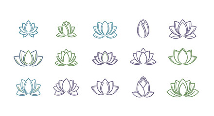 Set of stylized lotus flower icons in various colors including teal, green, and purple, presented as clean line art with a subtle textured effect, suitable for logos, branding, and wellness themes