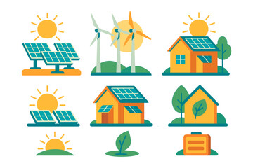 Fototapeta premium Sustainable energy icons featuring solar panels, wind turbines, and eco-friendly homes in flat design