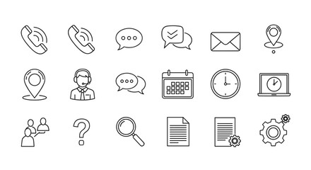A clean and modern line icon set representing various aspects of business communication and operations, including phone calls, messages, emails, location services, customer support, scheduling, time