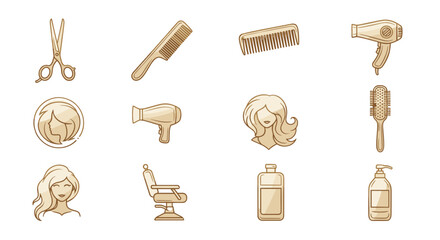 Golden gradient icons set for a hair salon, featuring scissors, combs, hair dryers, brushes, barber chair, shampoo bottles, and stylized female hairstyles, perfect for branding and web design on a