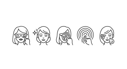 Set of five line icons representing the human senses: hearing, sight, smell, taste, and touch. This versatile icon set is perfect for educational materials, health apps, infographics, and websites