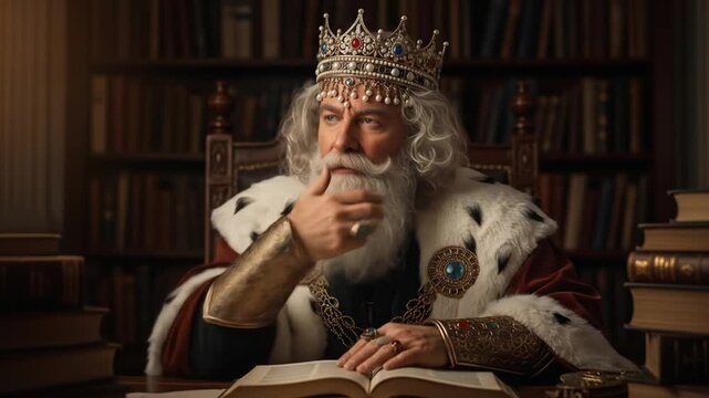 Regal King in Crown Reading an Open Book in Library
