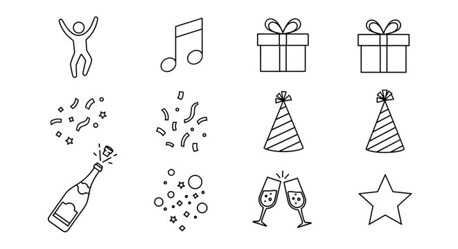 A collection of line icons representing party and celebration elements, including icons for dancing, music, congratulations, and more, presented in a clean, ordered style on a white background