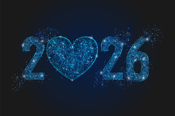 Abstract isolated blue image of new year number 2026. Polygonal low poly wireframe illustration looks like stars in the black night sky in space or flying glass shards. Digital web, internet design.