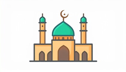 Fototapeta premium A simple, stylized illustration of a mosque with a green dome and two minarets, set against a white background.