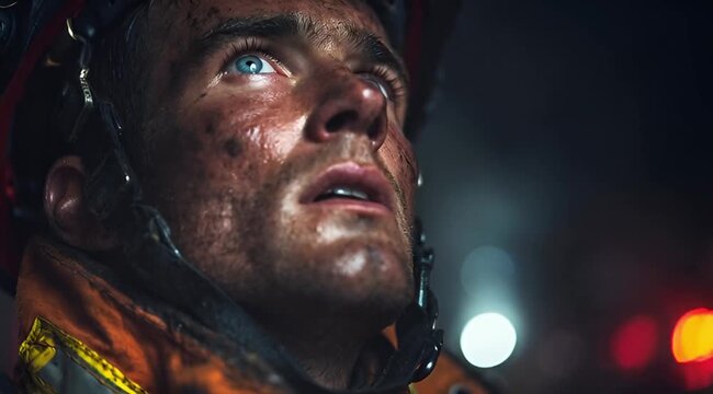 Intense portrait of a heroic firefighter's face covered in soot