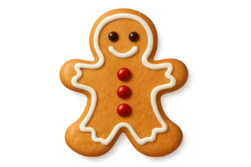 Gingerbread man cookie with icing and candy buttons, inviting holiday treat for christmas celebrations, isolated with transparent background