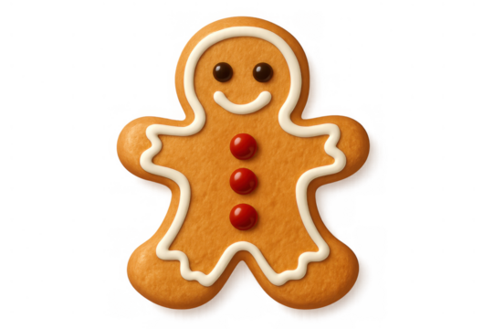Gingerbread man cookie with icing and candy buttons, inviting holiday treat for christmas celebrations, isolated with transparent background