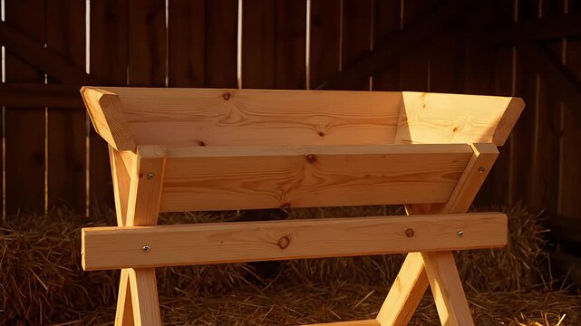 Traditional empty wooden manger in a rustic barn illuminated by warm golden light with hay on the ground evoking a peaceful humble and pastoral scene