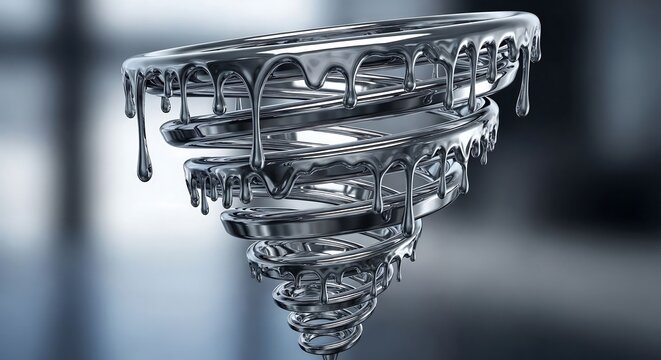Metallic liquid vortex twisting in a reflective spiral form.