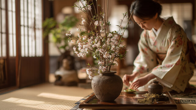 女性が畳間で生け花に集中する姿