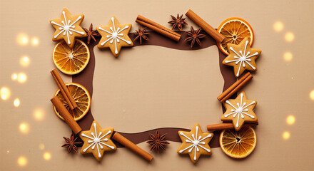 Christmas baking frame with cookies and spices for holiday recipe card or bakery menu design