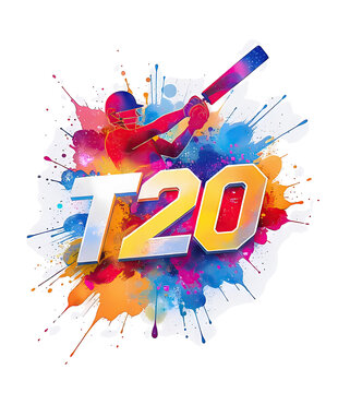 Icon T20 Cricket - Pop Art Style Batter Striking Amid Watercolor Splatter With 3D Chromatic Rendering Logo.