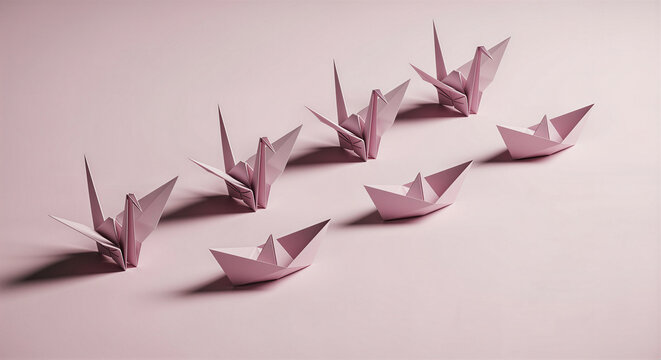 Origami paper cranes and boats representing leadership concept for business presentation or blog