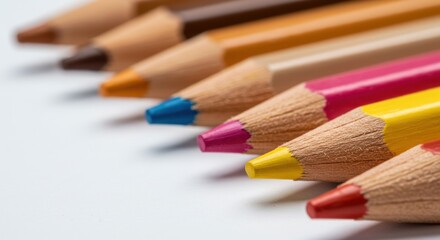 Vivid Row of Colored Pencils: Close-Up Macro View on White Background