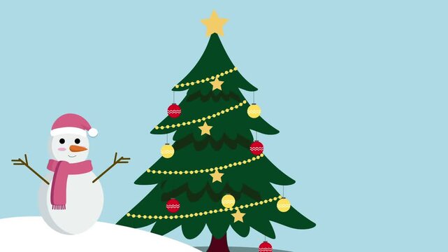 Festive Animated Scene with a Cheerful Snowman and Decorated Christmas Tree.
