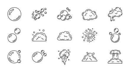 Set of 12 isolated line icons representing bubbles and foam, perfect for graphic design, books, adverts, and apps. This vector cartoon illustration features a clean white background, offering a