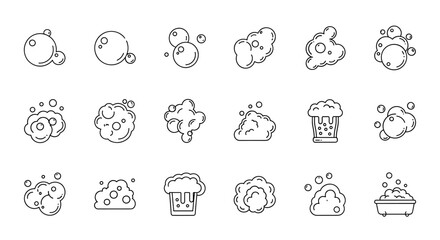 Collection of minimalistic thin line icons representing bubbles and foam, perfect for web and graphic design, apps, banners, social networks, and cards. This vector cartoon illustration set includes