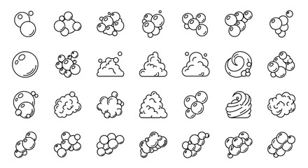 Collection of 24 white outline bubble and foam icons on a black background, representing various forms of effervescence and aeration, perfect for graphic design, advertising, and app development