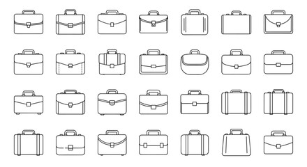 Collection of simple, isolated line icons representing briefcases and business suitcases, featuring editable strokes, suitable for web sites, books, cards, and apps, presented as vector cartoon