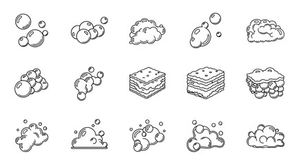 Set of 15 bubble and foam pictograms, perfect for graphic design, books, adverts, and apps. This vector cartoon illustration features a clean white background, showcasing various bubble formations