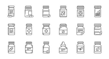 Collection of 16 thin line icons representing various medicine bottles, pills, and capsules, suitable for web, print, and app design. Includes medical symbols and herbal remedies, offering a