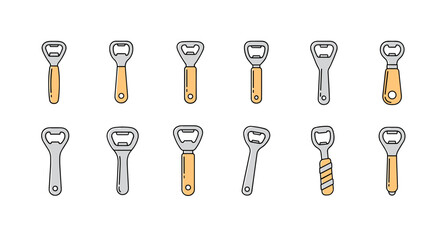 Collection of twelve flat design bottle openers with a filled outline and linear style, presented on a black background, ideal for graphic and web design, apps, adverts, and various cards, offering a