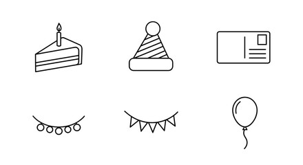 Collection of simple, isolated line icons suitable for web sites, books, cards, and apps, featuring a slice of cake with a candle, a festive holiday hat, a postcard, a garland of lights, and a