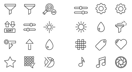 Collection of thin line icons for graphic design, including filters, search, settings, sort, sun, water drop, tag, heart, star, music note, and camera aperture, perfect for web, apps, and cards