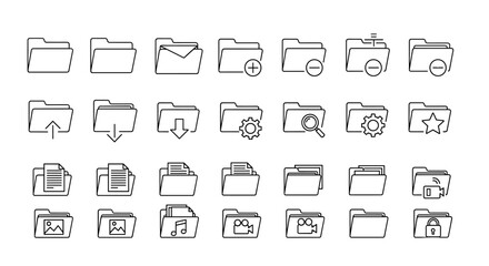 Bundle of minimalistic linear folder icons, perfect for web and graphic design, apps, banners, social networks, and cards. This collection features a variety of folder types including empty, filled