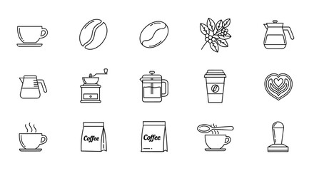 Bundle of Coffee-Related Line Icons: Roasted Coffee Outline Signs for Graphic and Web Design, Apps, Advertisements, Various Cards, Vector Cartoon Illustrations, Featuring Coffee Beans, Cups, Pots