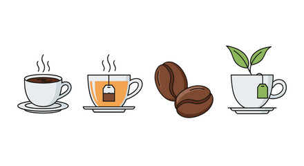 A vibrant vector cartoon illustration showcasing a delightful contrast between coffee and tea, featuring steaming cups, coffee beans, and a tea cup with fresh green leaves, perfect for websites