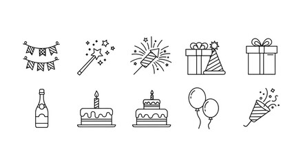 Collection of thin line icons representing holidays, including garlands, a magic wand, and fireworks, perfect for apps, websites, banners, infographics, and various other design projects requiring a