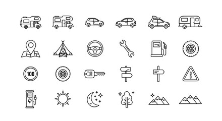 Collection of Motorhome and Car Related Line Icons: Outline Signs for Graphic and Web Design, Apps, Adverts, Various Cards, Vector Cartoon Illustration with Elements like GPS, Tent, Steering Wheel