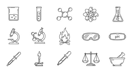 Collection of white outline icons representing chemistry and science on a black background, including beakers, test tubes, microscopes, molecular structures, atoms, flames, safety goggles, pH meters