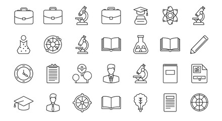 Collection of outline symbols for briefcase, microscope, books, graduation cap, atom, flask, clock, clipboard, person, pencil, document, and lightbulb, drawn with thin lines on a black background