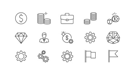 A collection of minimalistic, linear outline web icons representing business and finance concepts, including dollar signs, stacks of coins, a briefcase, a diamond, a businessman silhouette, gears