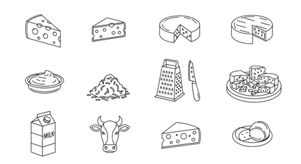 Collection of minimalistic linear icons representing various cheese types and dairy products, including wedges, wheels, grated cheese, butter, milk carton, and a cow head, perfect for web and graphic
