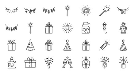 Collection of Outline Symbols of Holidays and Celebrations, including Garlands, Magic Wand, Firework, Gifts, Christmas Tree, Party Hat, Firecracker, Champagne Glasses, and Confetti, drawn with thin