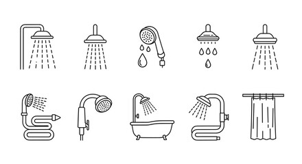 Collection of thin vector line art illustrations depicting various shower heads, water streams, a bathtub, and a shower curtain, perfect for web design, articles, and educational materials, presented