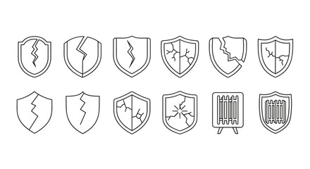 Collection of minimalistic outline icons representing cracked shields and a radiator, symbolizing broken security, vulnerability, and potential damage. Ideal for web design, app interfaces, social