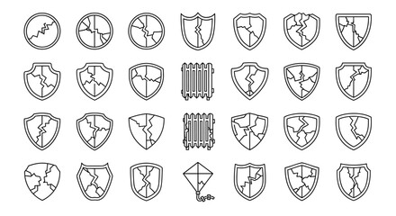 Collection of cracked shield outlines and a kite, presented in a vector cartoon illustration style with a white background, perfect for graphic and web design, apps, adverts, and various cards