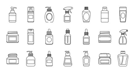 Collection of outline cosmetic bottles and containers, including pump dispensers, spray bottles, jars, and dropper bottles, presented on a black background, ideal for graphic design, web, apps