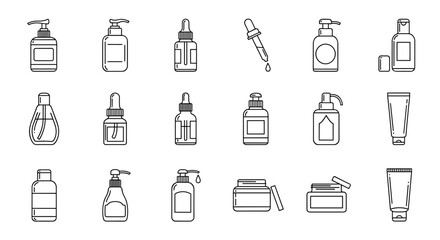 Collection of simple, isolated line icons representing cosmetic bottles and containers, perfect for graphic design, advertising, and app development. Editable stroke allows for customization. Vector
