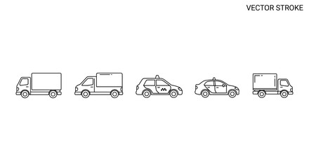 Set of thin line icons representing delivery trucks, vans, and cars, perfect for web sites, books, cards, and apps. This editable stroke vector cartoon illustration features various vehicles for