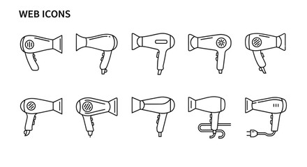 Collection of minimalistic linear outline icons representing various hair dryers, perfect for web and graphic design, apps, banners, social networks, and cards. This vector set features clean, modern